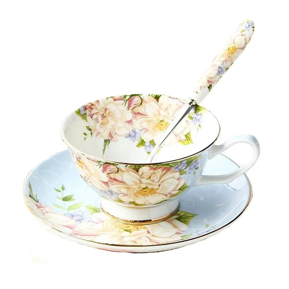 SudaTek Blue Rose Fine Bone China Tea Cup, Saucer & Spoon Set 177ml (6 Fl Oz) | Vintage Floral Gold Trim - main product image