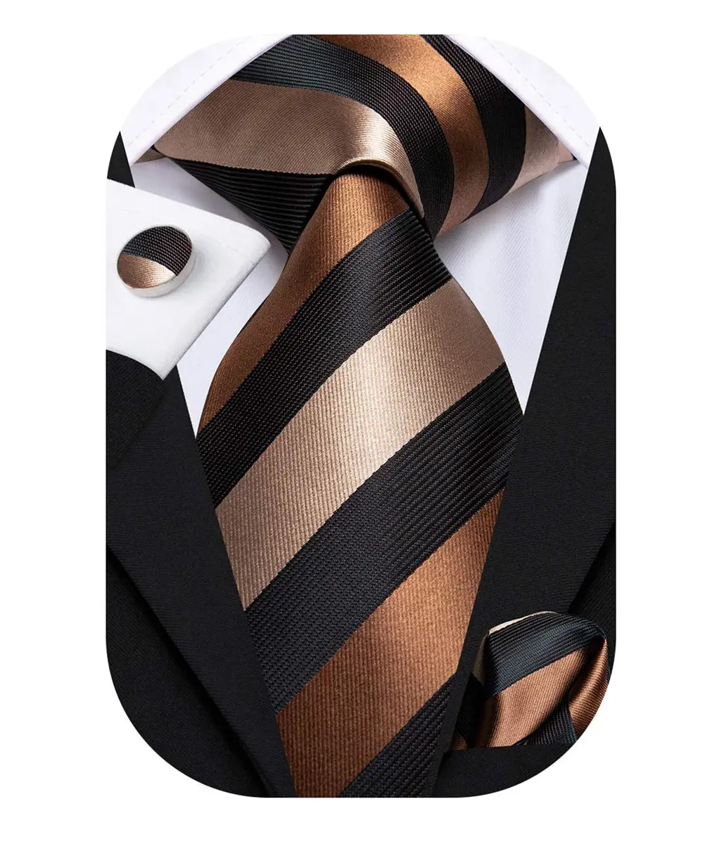 Hi-Tie Mens Plaids Striped Brown Ties Set 150cm | Elegant Silk Necktie for Men - main product image