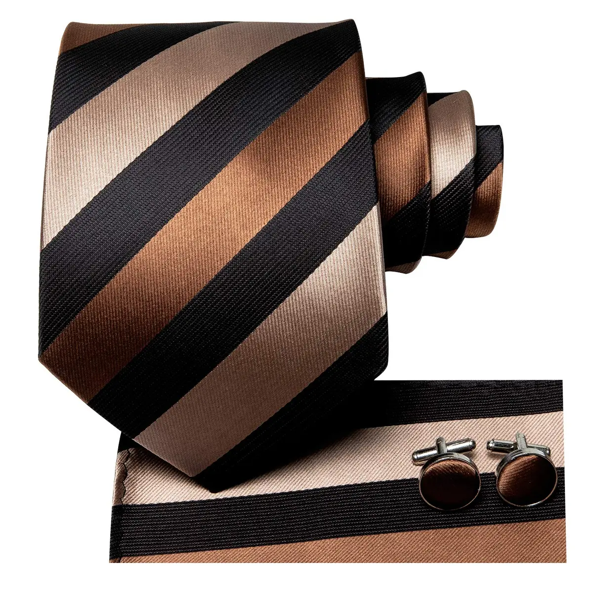 Hi-Tie Mens Plaids Striped Brown Ties Set 150cm | Elegant Silk Necktie for Men - view 2