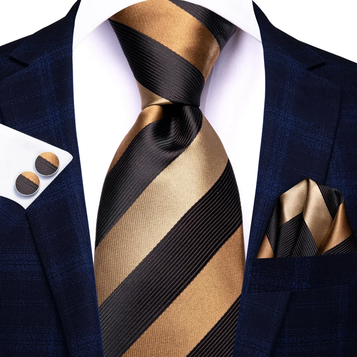 Hi-Tie Mens Plaids Striped Brown Ties Set 150cm | Elegant Silk Necktie for Men - view 3
