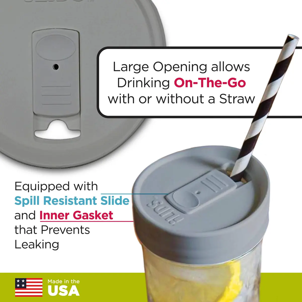 iLIDS Mason Jar Drink Lid, Wide Mouth, Gray, 2 Pack | Spill-Resistant, Food-Safe, USA Made - view 3