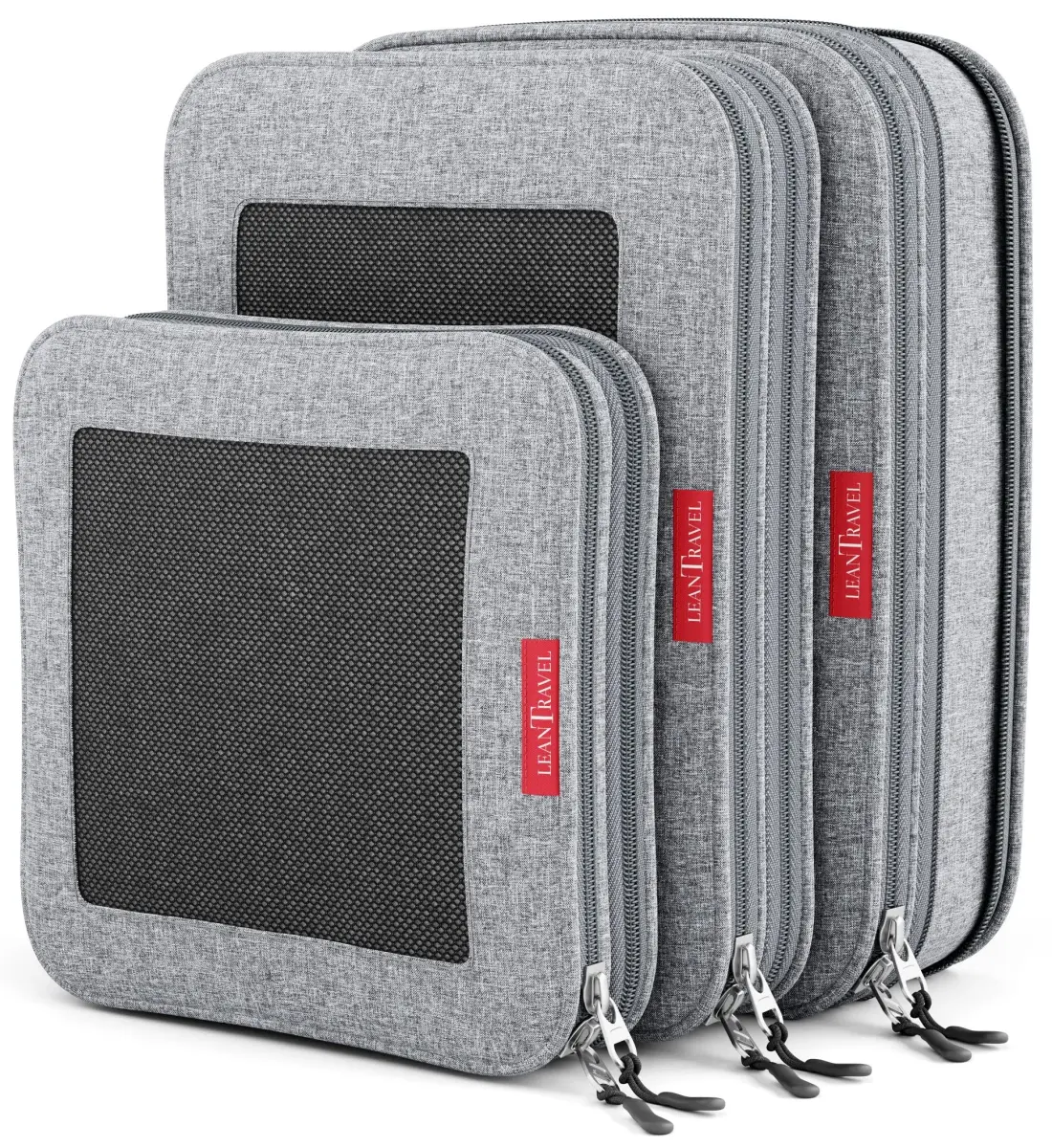 LeanTravel Premium Compression Packing Cubes 3-Pack Grey | Luggage Organizer Bags with Double Zipper & Breathable Mesh Panel - main product image