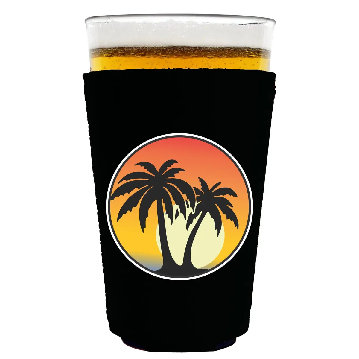 Coolie Junction Palm Tree Sunset Pint Glass Coolie (Black) | Collapsible neoprene drink insulator for 16 oz glasses - main product image