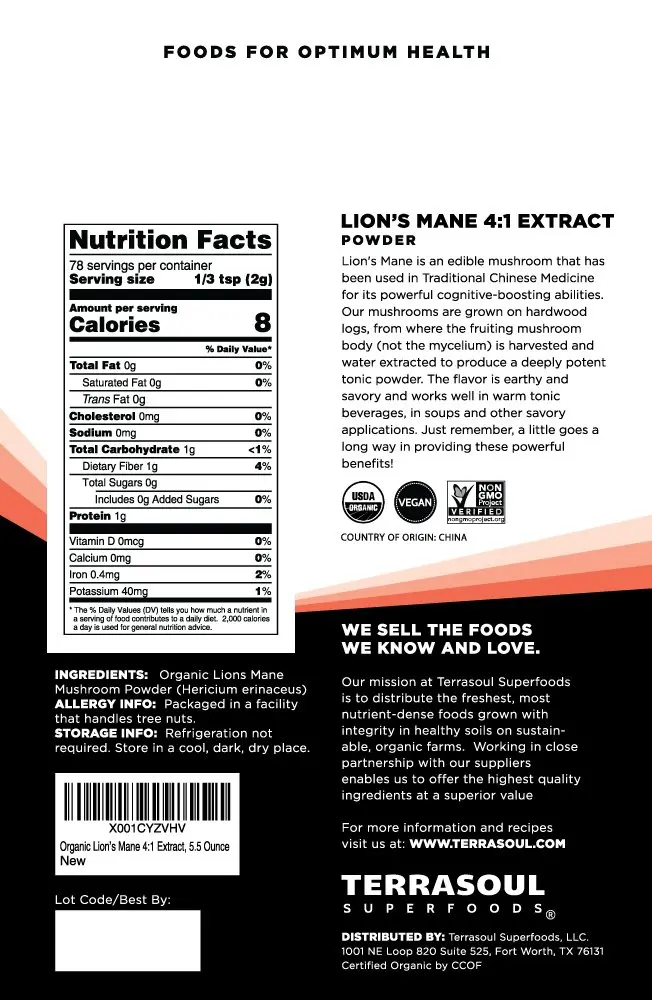 Terrasoul Superfoods Organic Lion's Mane Mushroom Powder (4:1 Extract), 11 Ounces | Concentrated Mushroom for Brain & Digestive Health - view 2