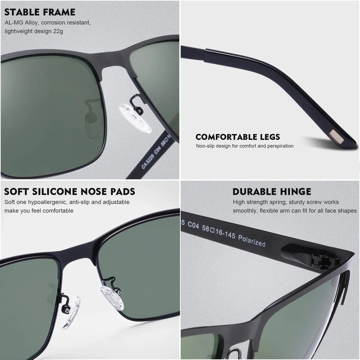 CARFIA Polarized Sunglasses for Men Spring Hinge Metal Frame CA5225 | Classic Square Design, UV400 & Shatterproof (70-120 chars) - view 6