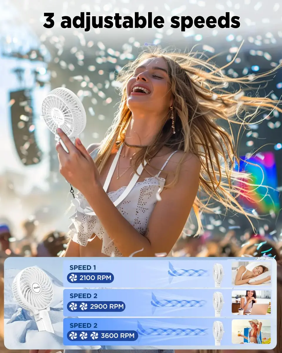 EasyAcc Handheld Fan White 20.32 cm (8 inches) | Powerful Portable USB Fan with 3 Speeds & 10-Hour Battery - view 7
