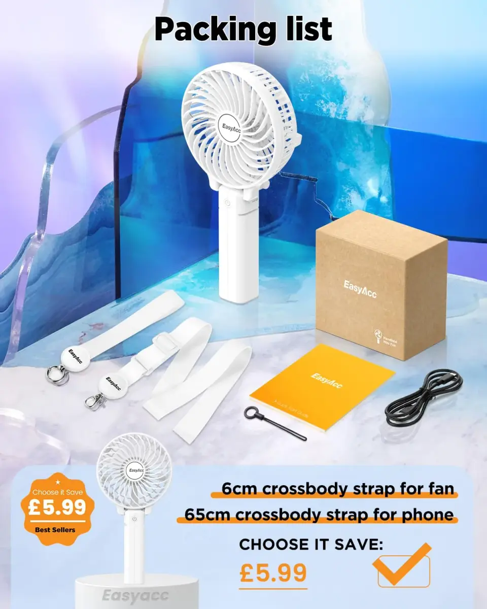 EasyAcc Handheld Fan White 20.32 cm (8 inches) | Powerful Portable USB Fan with 3 Speeds & 10-Hour Battery - view 2