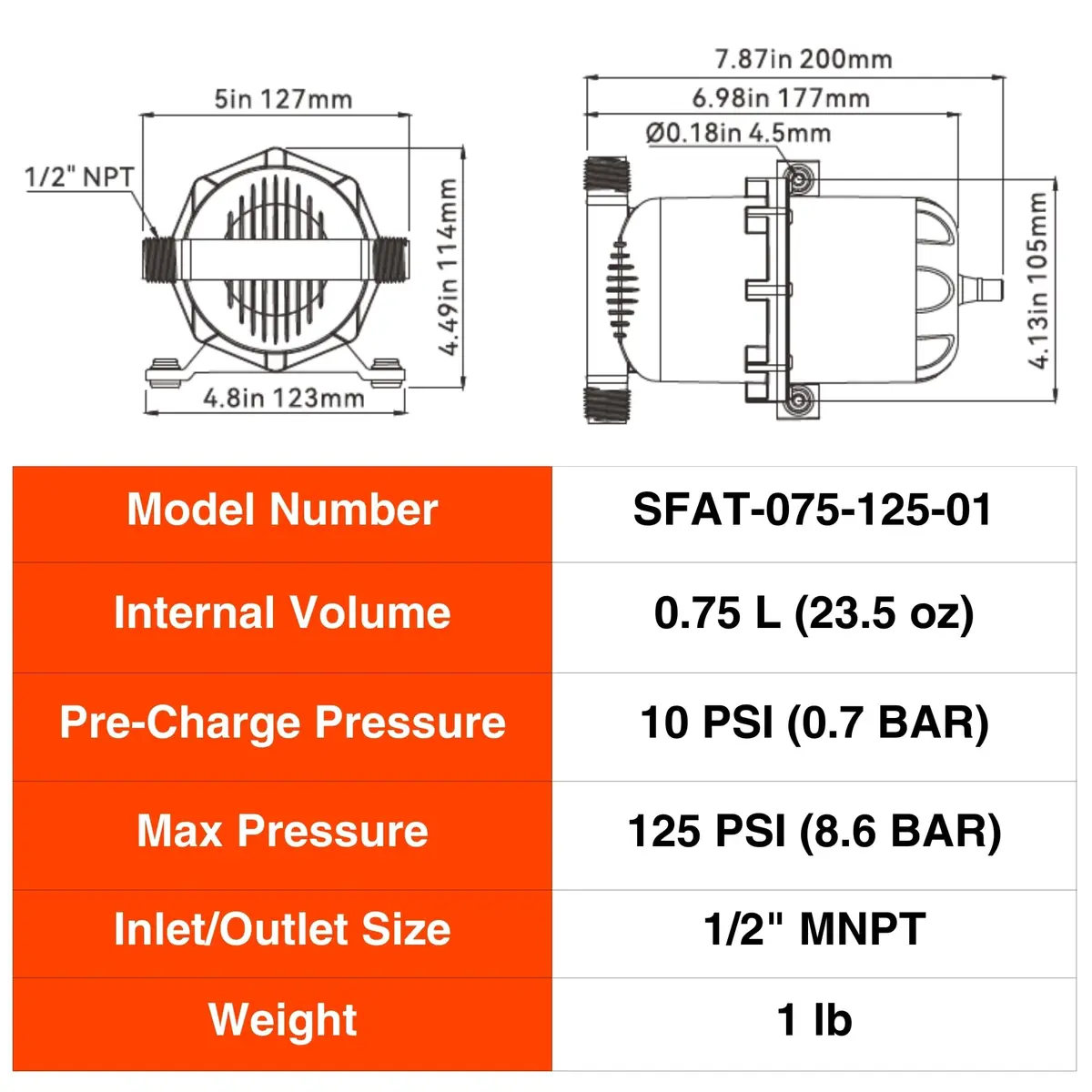 SEAFLO 0.75L (23.5 oz) Accumulator Tank | Reduces Pump Cycling & Smooths Flow for RV & Off-Grid - view 9