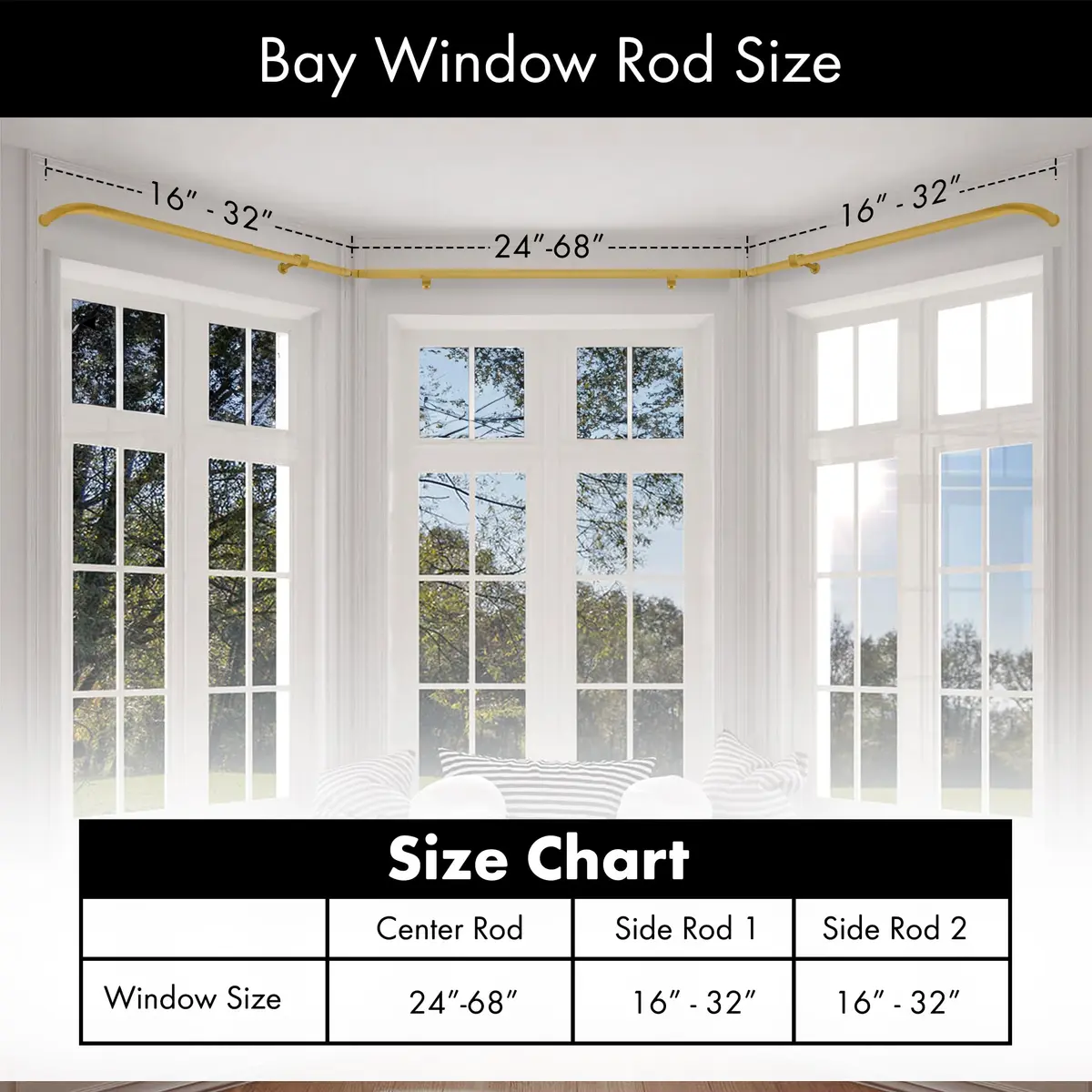 MERIVILLE 1-Inch Diameter Bay Window Curtain Rod Set | Metal, Gold Finish, Extendable from 20-72 inches - view 5