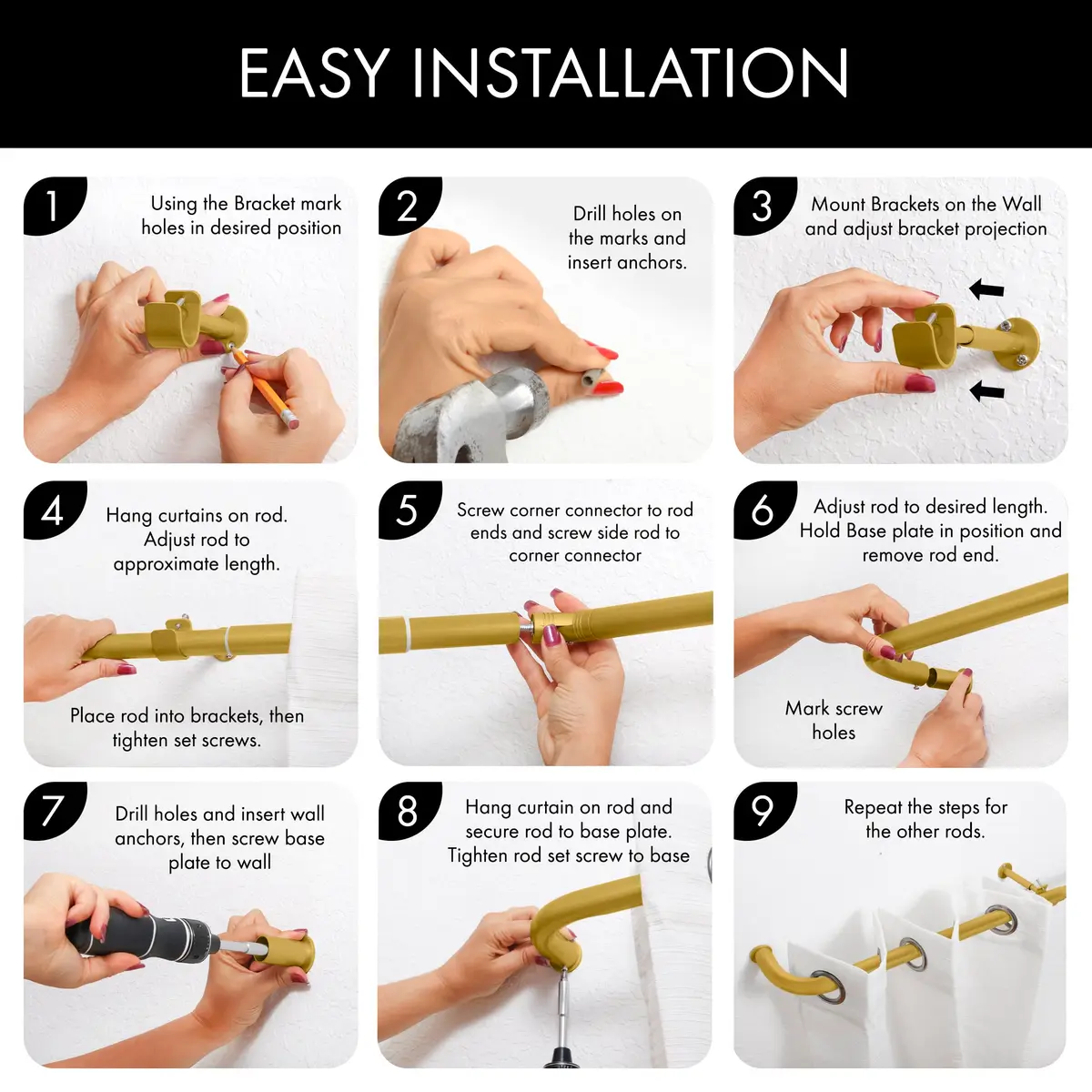 MERIVILLE 1-Inch Diameter Bay Window Curtain Rod Set | Metal, Gold Finish, Extendable from 20-72 inches - view 6