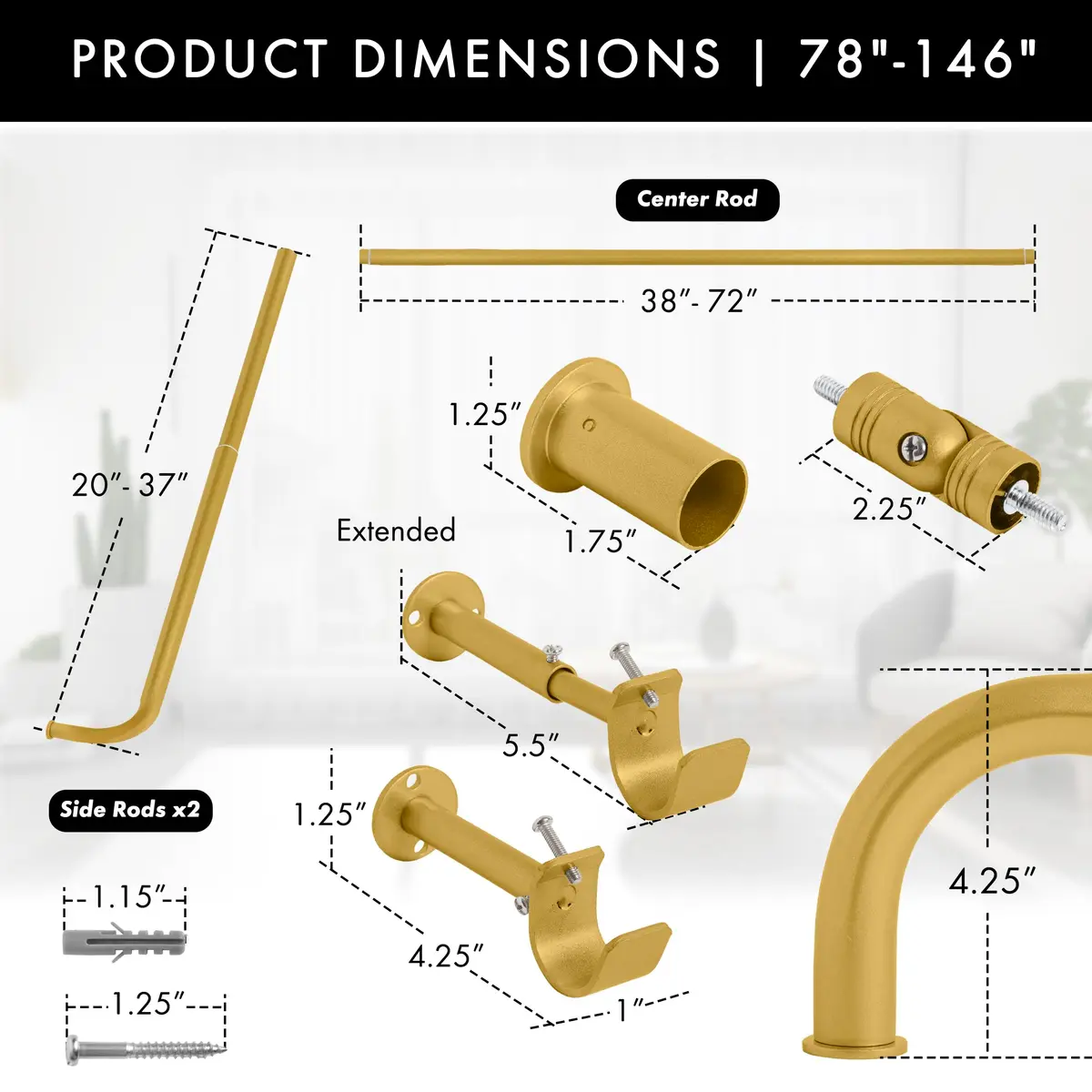 MERIVILLE 1-Inch Diameter Bay Window Curtain Rod Set | Metal, Gold Finish, Extendable from 20-72 inches - view 8
