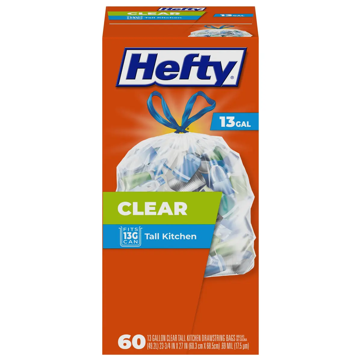 Hefty Tall Clear Trash Bags 13 Gallon Unscented 60ct | Puncture-Resistant, Drawstring Closure, Recyclable - main product image