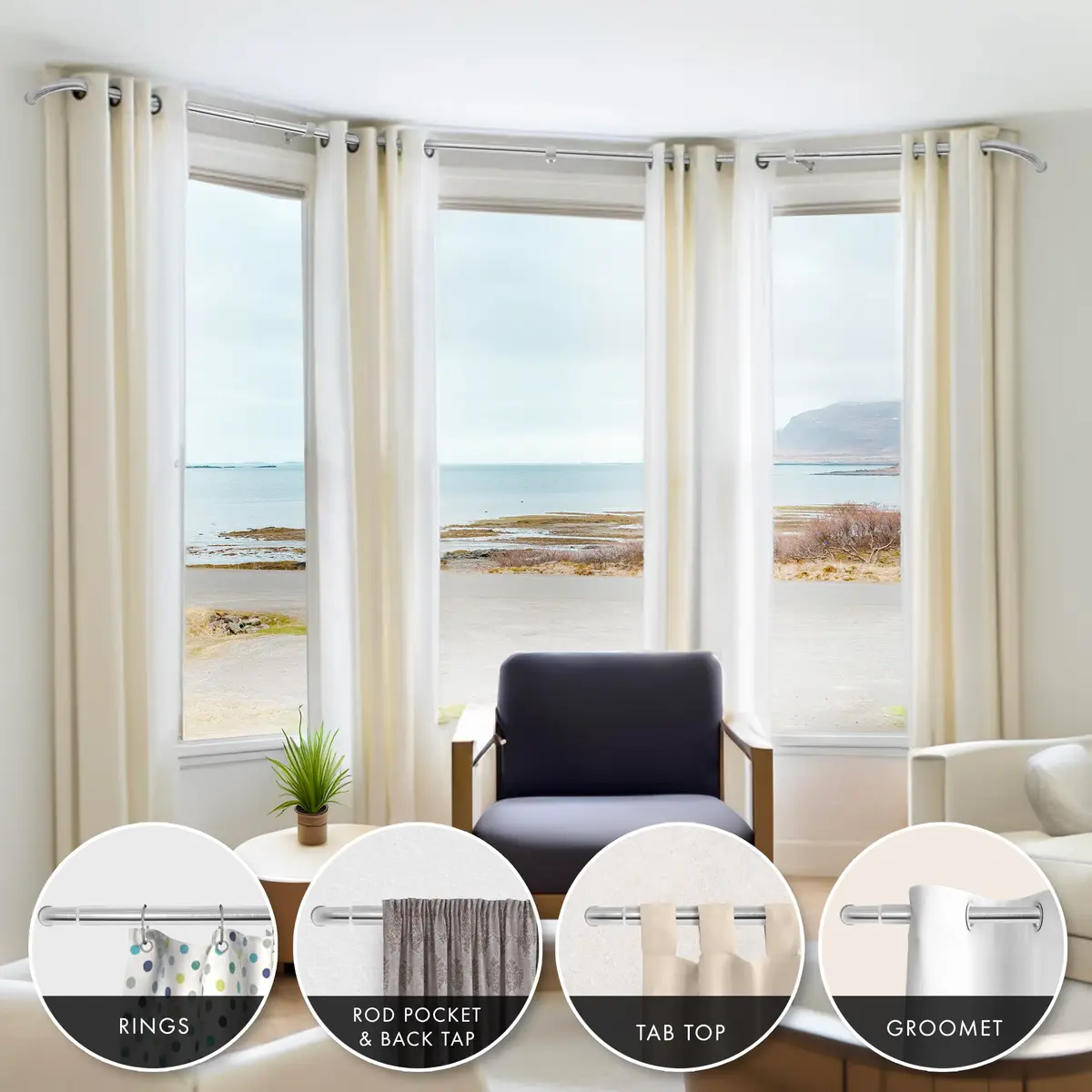 MERIVILLE 1-Inch Diameter Bay Window Curtain Rod Set for Bayview Windows, Satin Nickel Finish | Durable Metal Construction - view 7