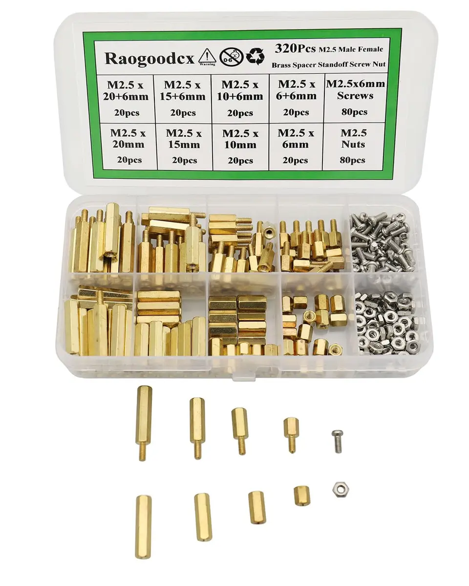 Raogoodcx M2.5 Brass Male Female Standoff Screw Kit 320 Pieces | Hexagonal Brass & Stainless Steel Fasteners - main product image