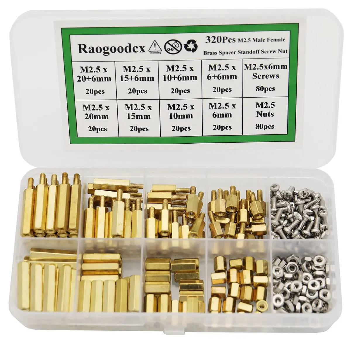 Raogoodcx M2.5 Brass Male Female Standoff Screw Kit 320 Pieces | Hexagonal Brass & Stainless Steel Fasteners - view 6