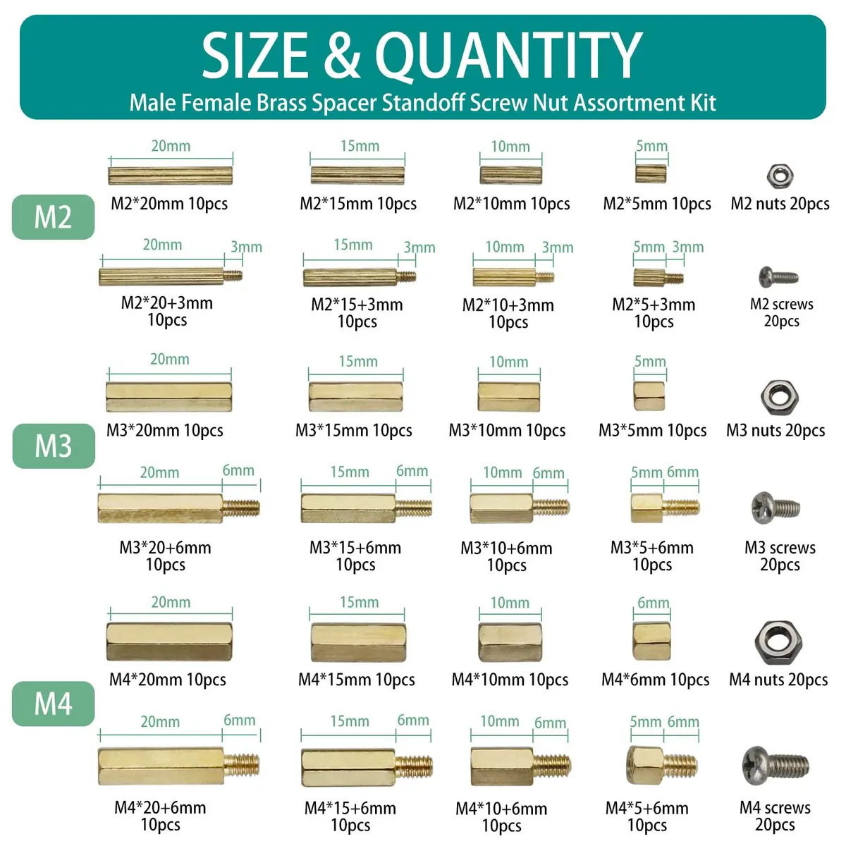 Raogoodcx M2.5 Brass Male Female Standoff Screw Kit 320 Pieces | Hexagonal Brass & Stainless Steel Fasteners - view 2