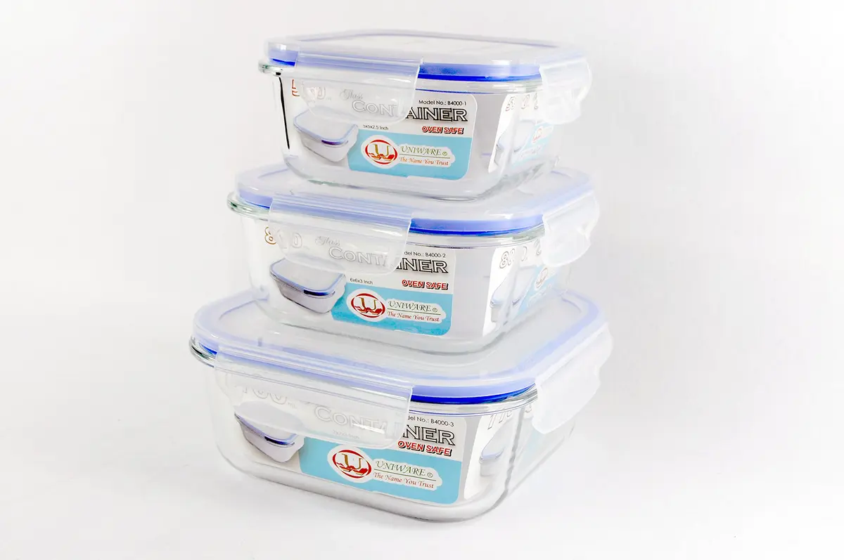 UNIWARE Heat Resistant Premium Glass Food Container Set (18 OZ, 27 OZ, 37 OZ) | Airtight Leak-Proof Square Design - main product image