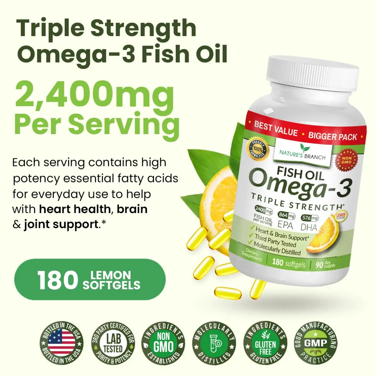 NATURE'S BRANCH Triple Strength Omega 3 Fish Oil 180 Count | Heart, Brain & Eye Health Support - view 5