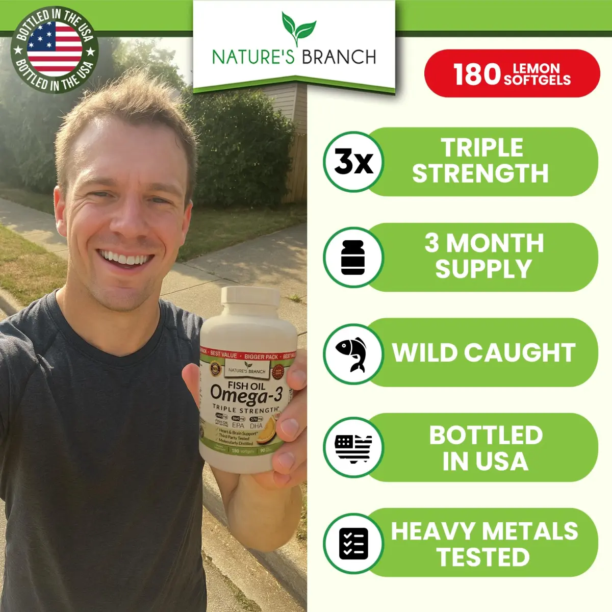 NATURE'S BRANCH Triple Strength Omega 3 Fish Oil 180 Count | Heart, Brain & Eye Health Support - view 2