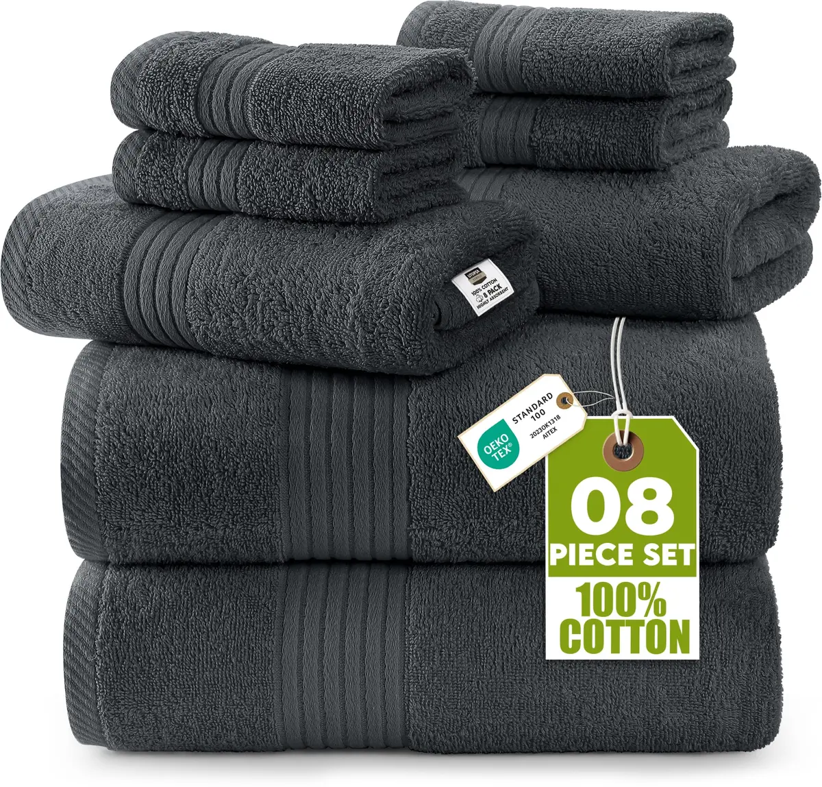 Utopia Towels 8 Piece Premium Towel Set, Grey | 2 Bath 2 Hand 4 Washcloths, 500 GSM, Super Soft & Absorbent - main product image