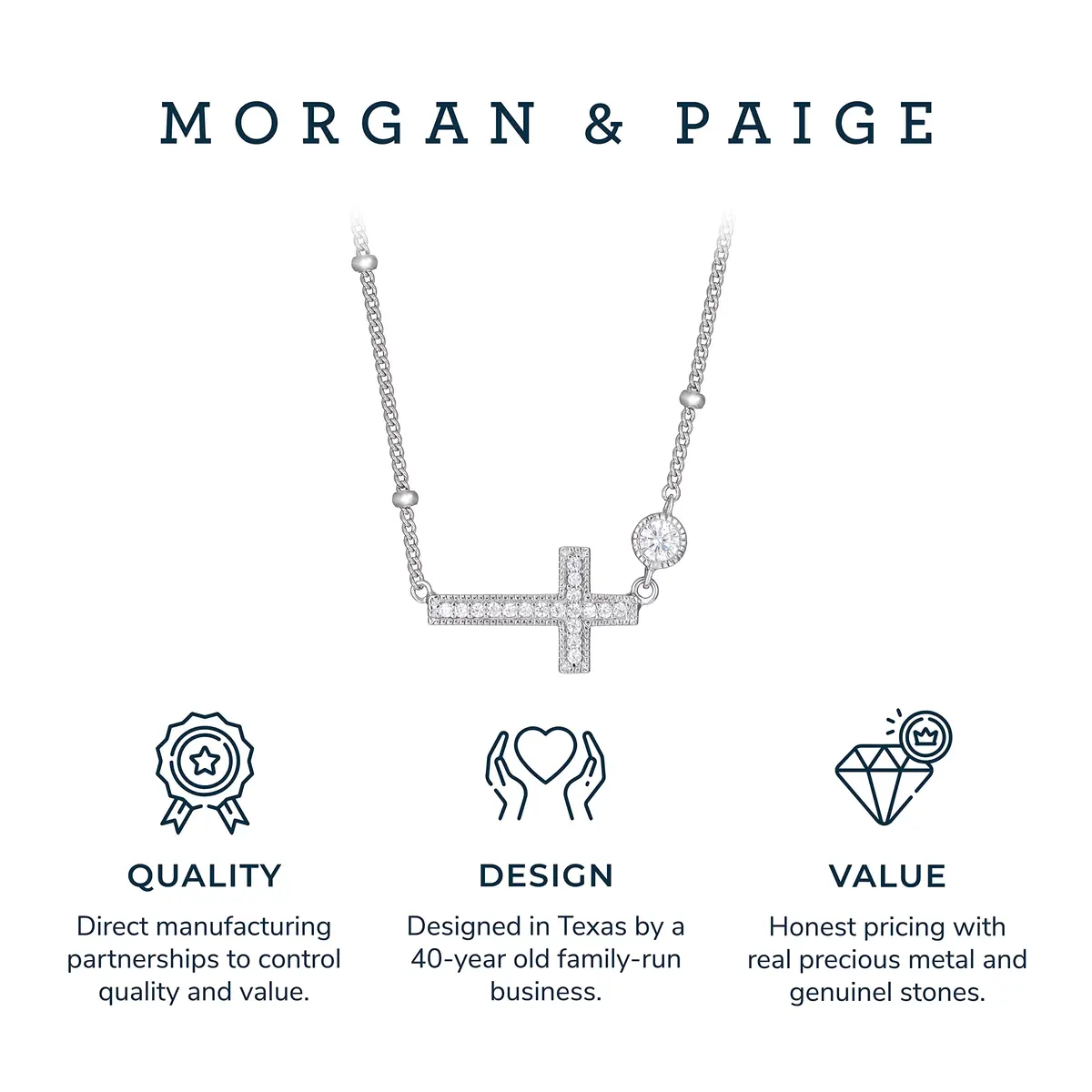 Morgan & Paige Silver Rhodium Plated Sideways Cross Pendant Necklace 16in | Dainty, Hypoallergenic & Adjustable - view 7