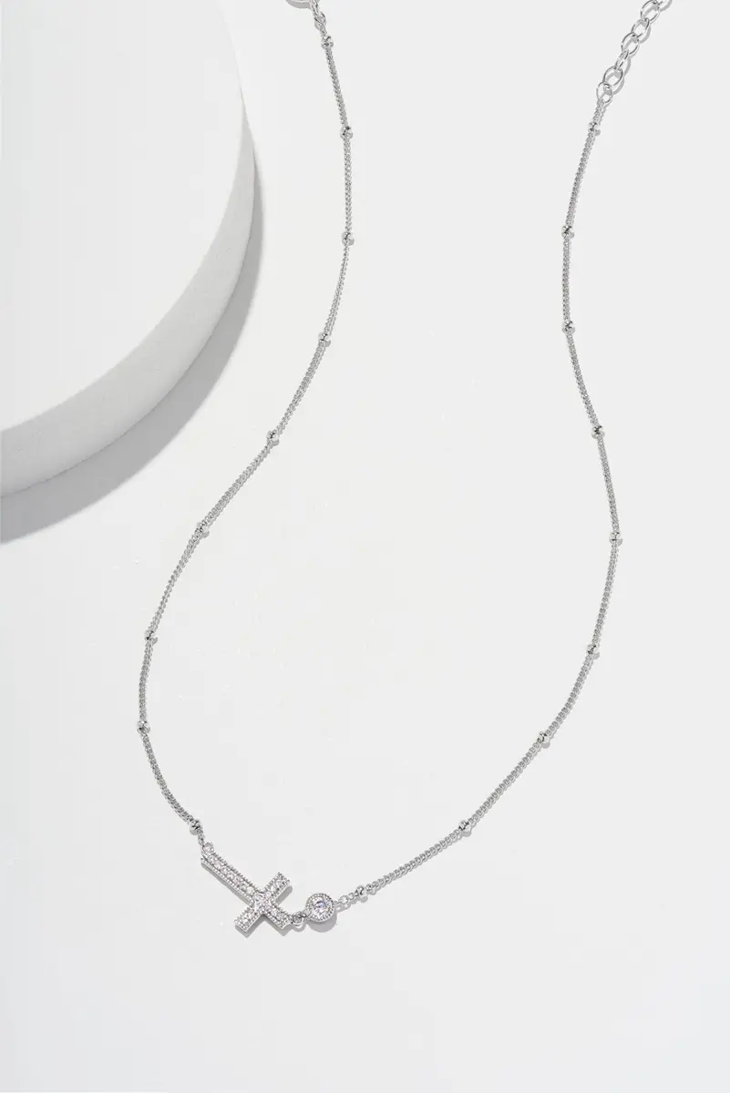 Morgan & Paige Silver Rhodium Plated Sideways Cross Pendant Necklace 16in | Dainty, Hypoallergenic & Adjustable - view 8