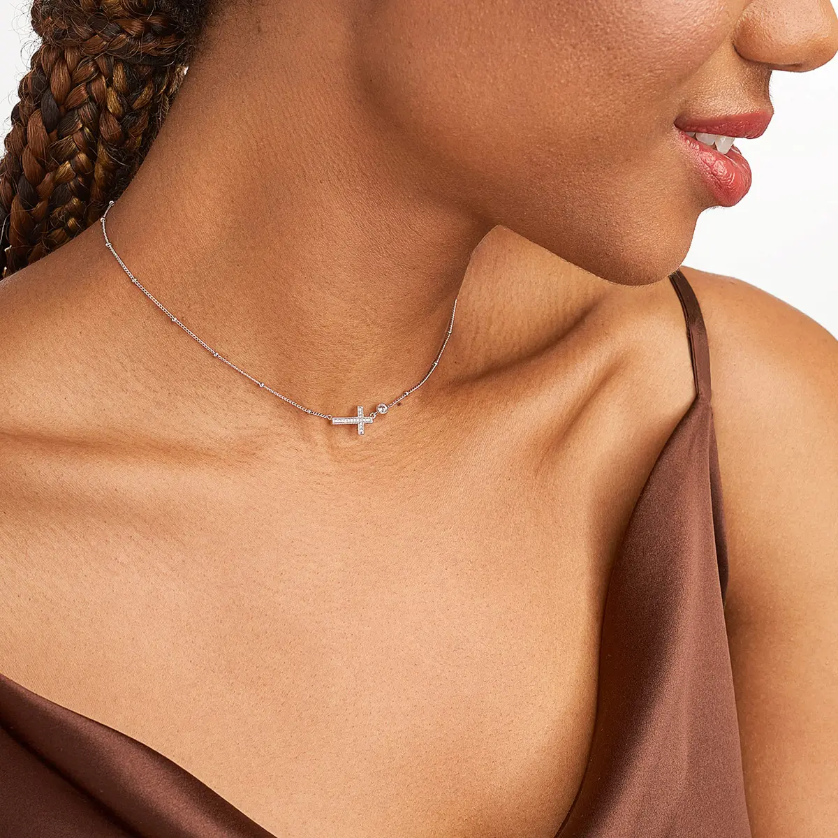Morgan & Paige Silver Rhodium Plated Sideways Cross Pendant Necklace 16in | Dainty, Hypoallergenic & Adjustable - view 2