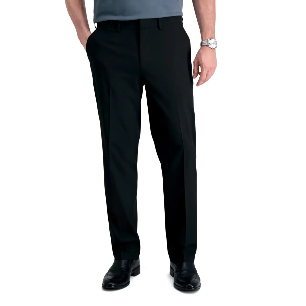 Haggar Men's Sharkskin Superflex Waist Straight Fit Dress Pant, Jet Black, 38W x 32L | All-day Comfort & Style - main product image
