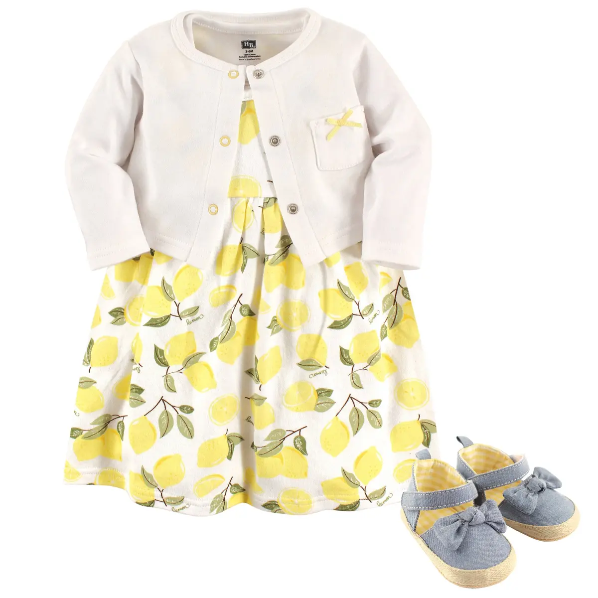 Hudson Baby Baby Girl Cotton Dress, Cardigan & Shoes Set, Lemon, 0-3 Months | Bright, Comfortable & Stylish - main product image