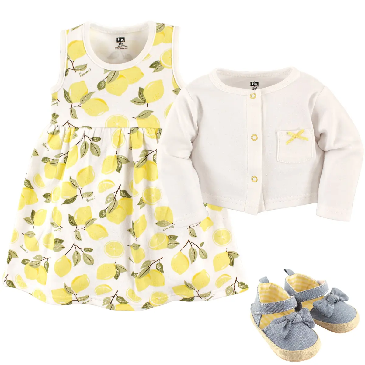 Hudson Baby Baby Girl Cotton Dress, Cardigan & Shoes Set, Lemon, 0-3 Months | Bright, Comfortable & Stylish - view 2