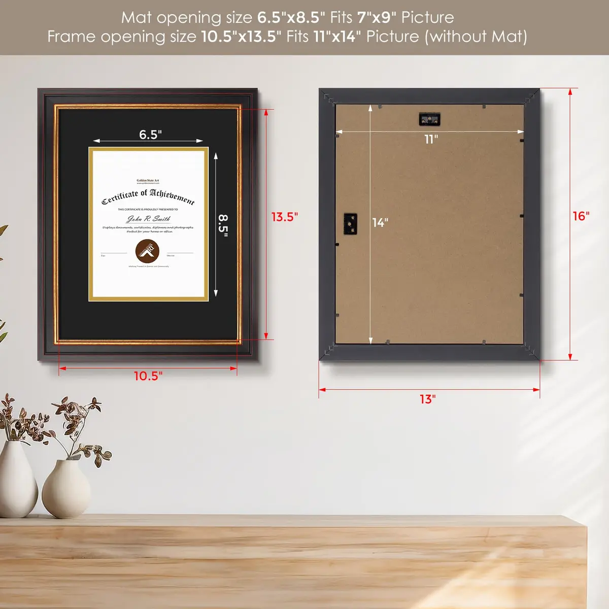 Golden State Art 11x14 Frame Black Over Gold Double Mat for 7x9 Diploma | Real Glass, Wall Mount, Elegant Design - view 3