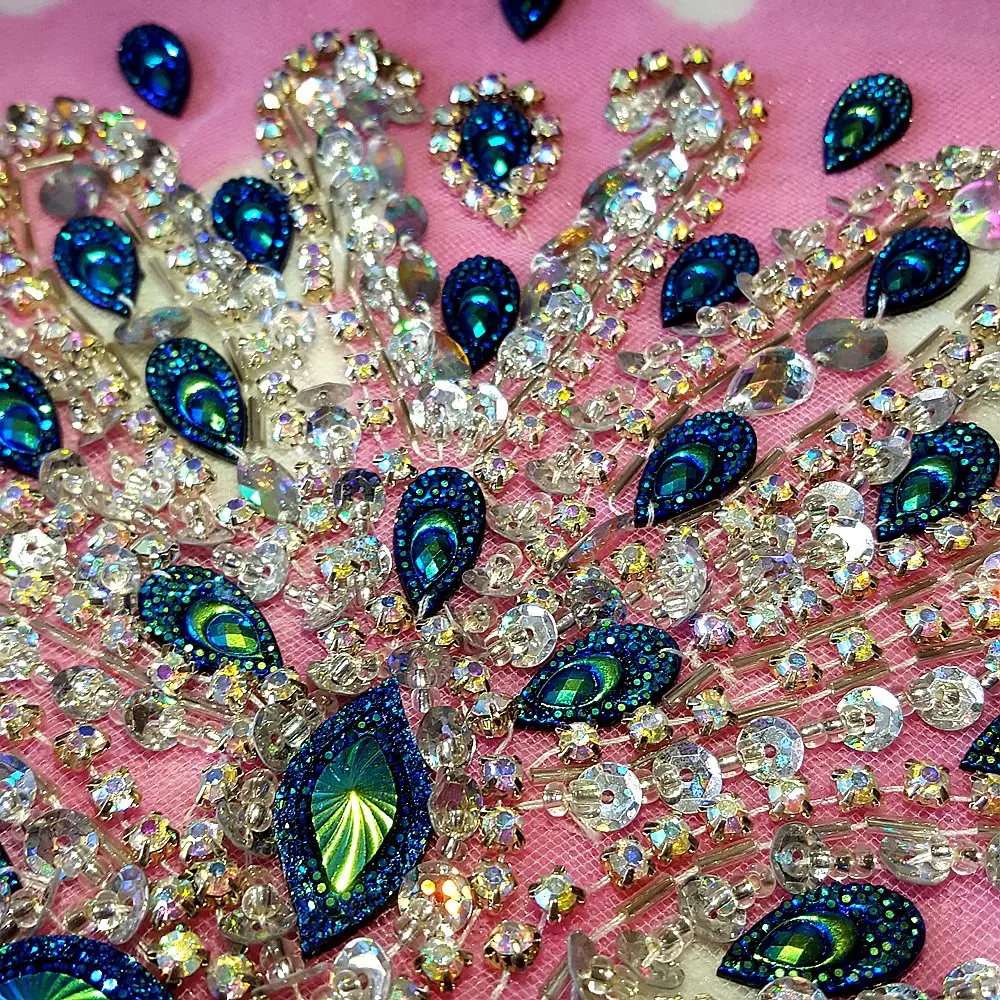 succi shan Fabric Applique Patch 17x31cm | Handcrafted Blue Rhinestone Embellishment - view 5