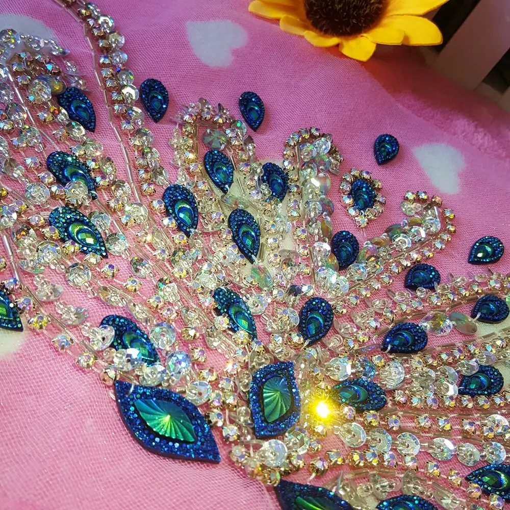 succi shan Fabric Applique Patch 17x31cm | Handcrafted Blue Rhinestone Embellishment - view 6