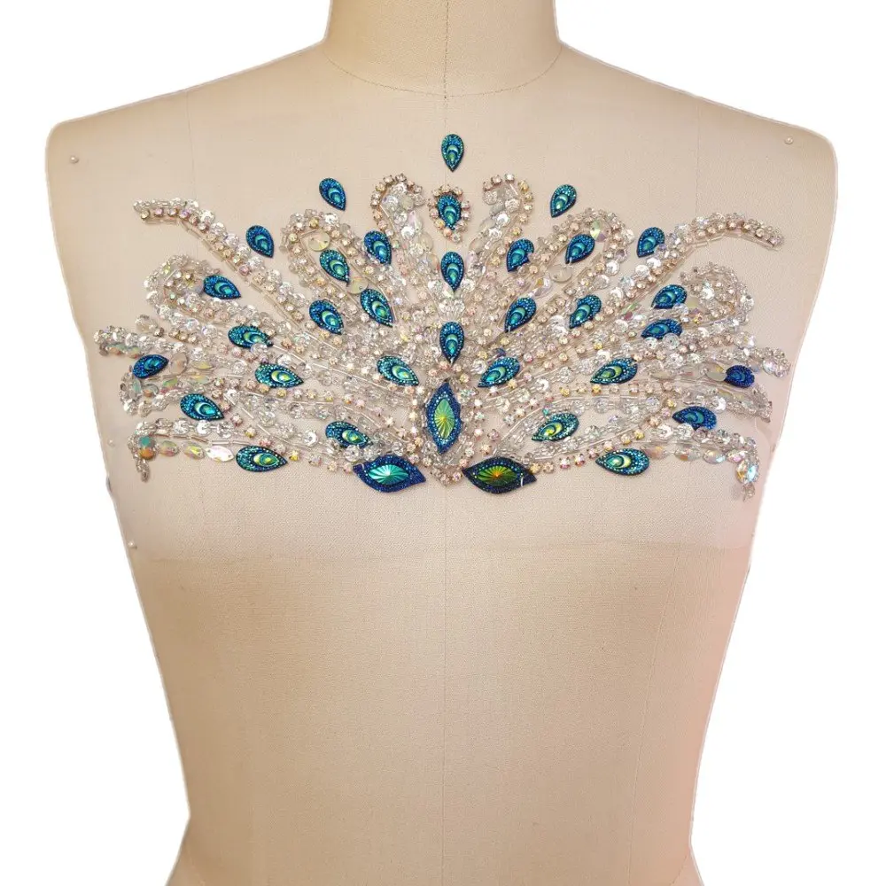 succi shan Fabric Applique Patch 17x31cm | Handcrafted Blue Rhinestone Embellishment - view 2