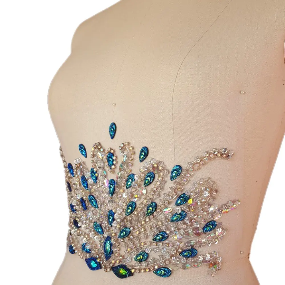 succi shan Fabric Applique Patch 17x31cm | Handcrafted Blue Rhinestone Embellishment - view 3