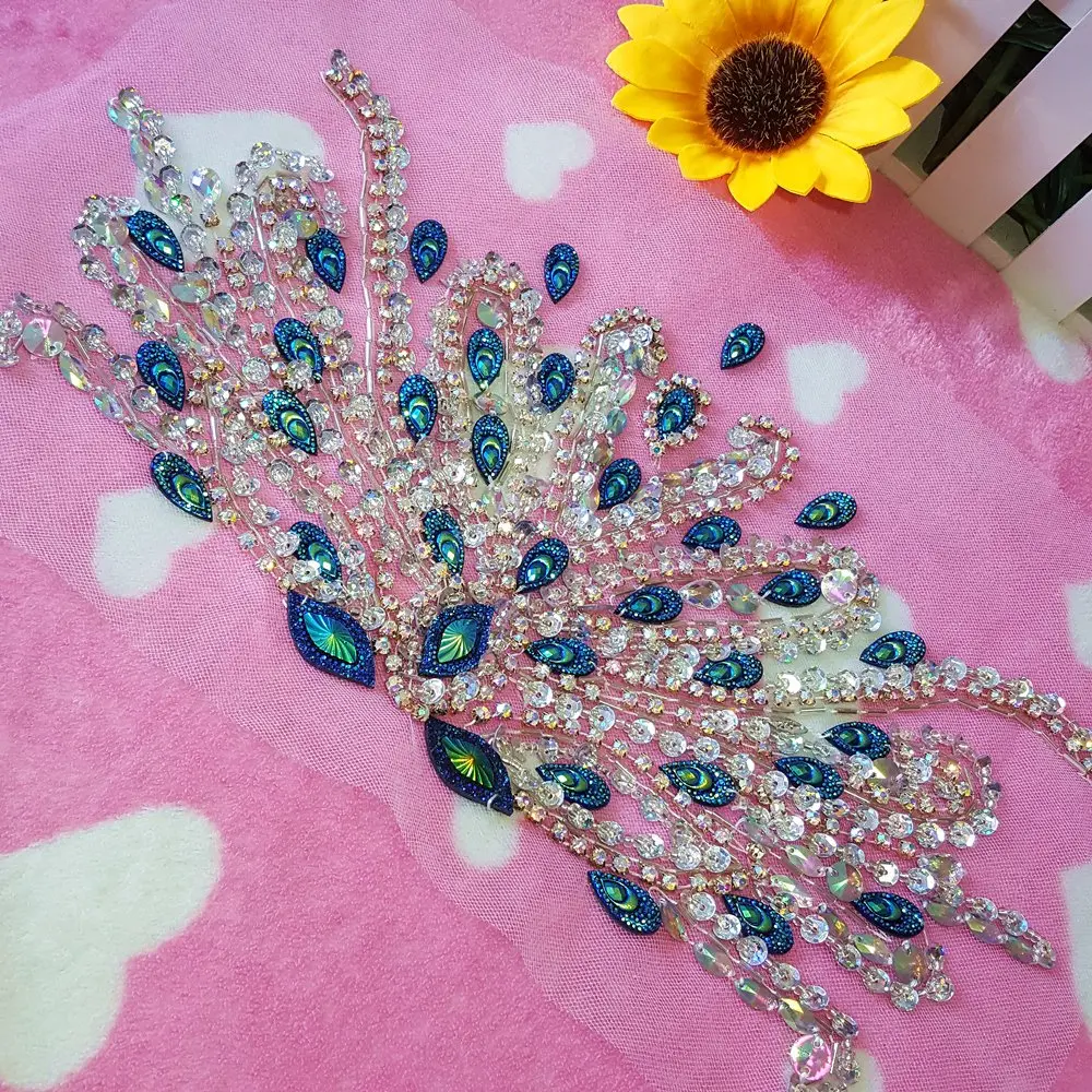 succi shan Fabric Applique Patch 17x31cm | Handcrafted Blue Rhinestone Embellishment - view 4