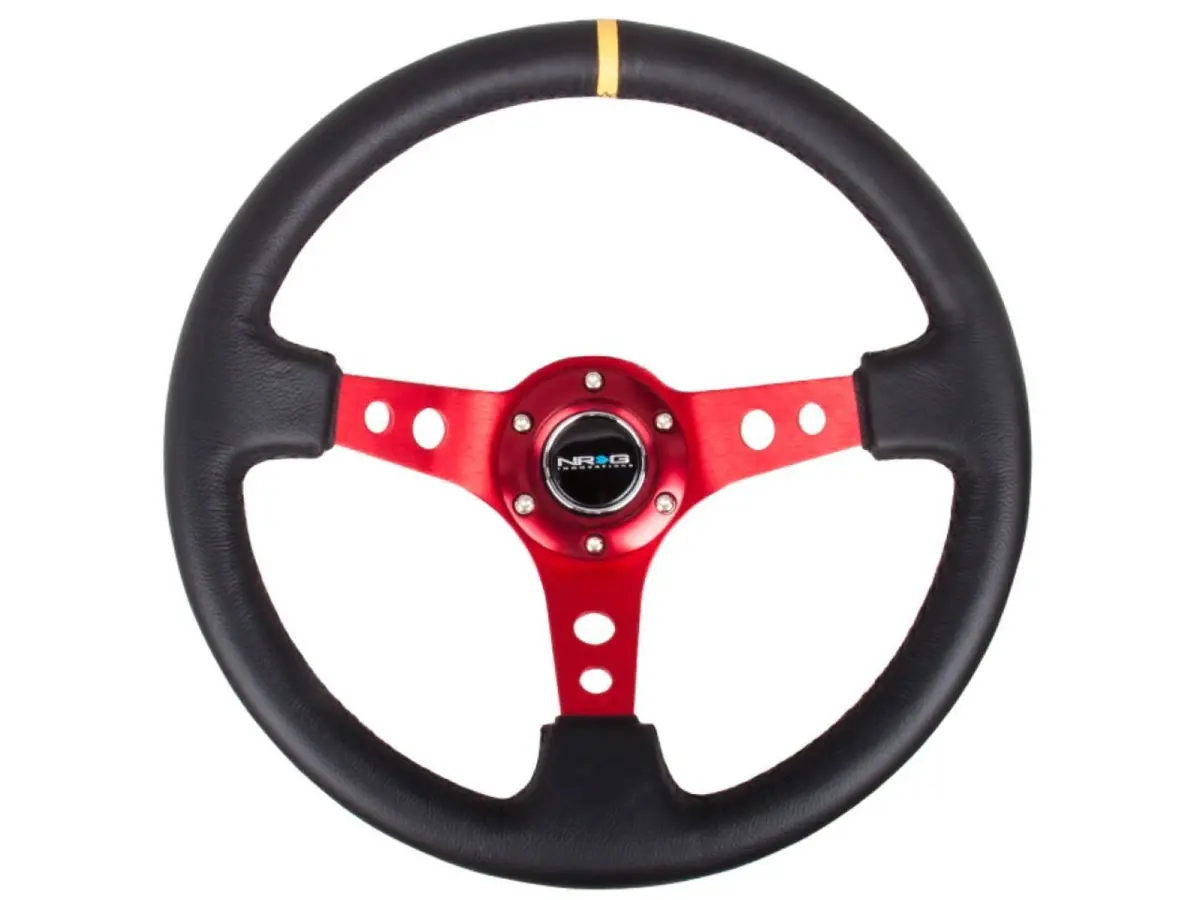 NRG Innovations Reinforced Sport Steering Wheel 350mm | 3" Deep Leather, Red Spoke, Yellow Center Mark - main product image