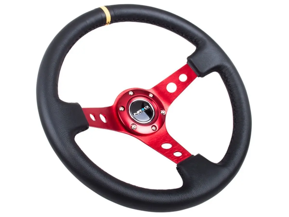 NRG Innovations Reinforced Sport Steering Wheel 350mm | 3" Deep Leather, Red Spoke, Yellow Center Mark - view 2
