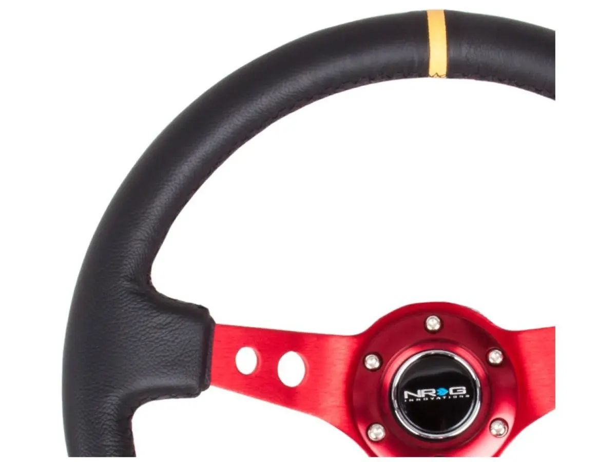 NRG Innovations Reinforced Sport Steering Wheel 350mm | 3" Deep Leather, Red Spoke, Yellow Center Mark - view 3