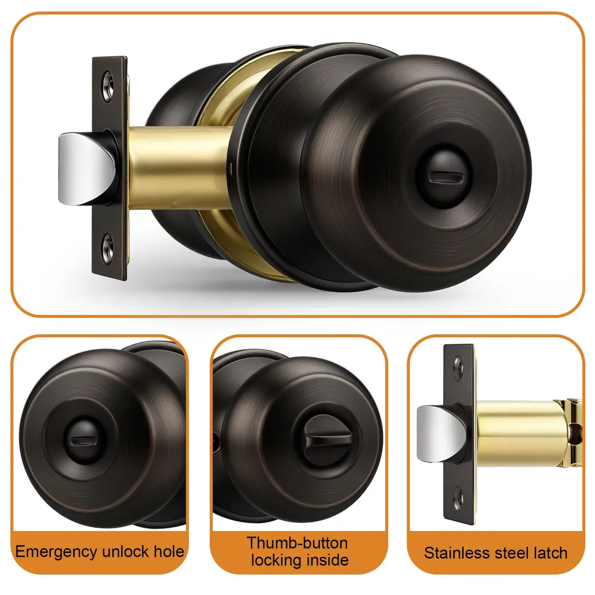 Probrico Oil Rubbed Bronze Door Knobs Privacy Lock for Bathroom Bedroom | ANSI Grade 3, 200K+ Cycles, 5 Pack - view 7