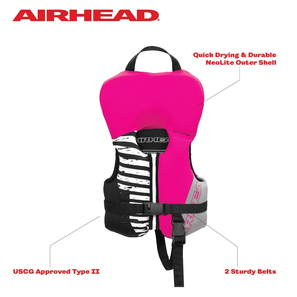 AIRHEAD Infant Type II Life Jacket | US Coast Guard Approved | Quick-Dry, Secure Buckles & Zipper, Hot Pink - view 2