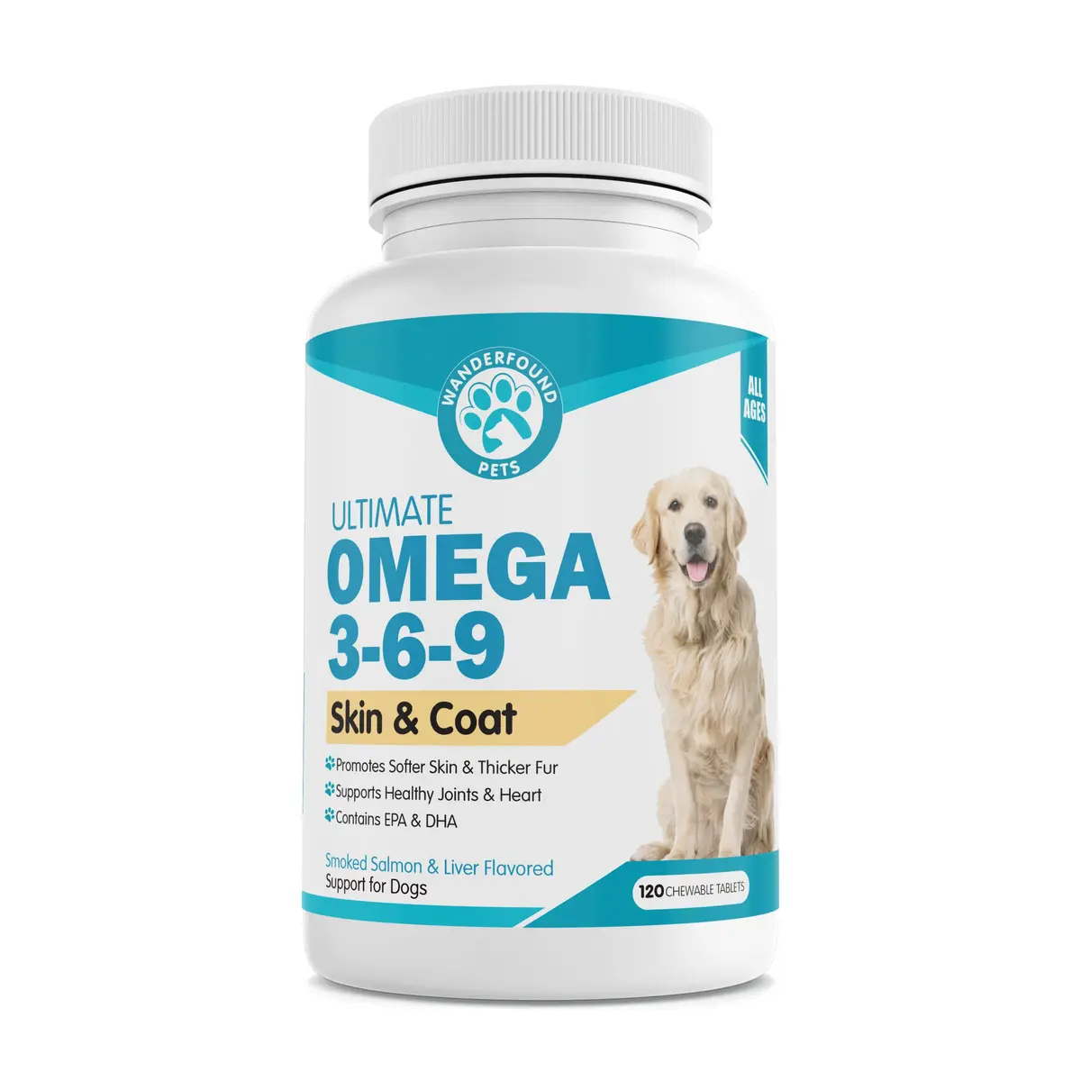 Pawsitive Omega 3-6-9 for Dogs | Skin & Coat Support with EPA & DHA Fish Oil, Smoked Salmon & Liver Flavor, 120 Chewable Tablets - main product image