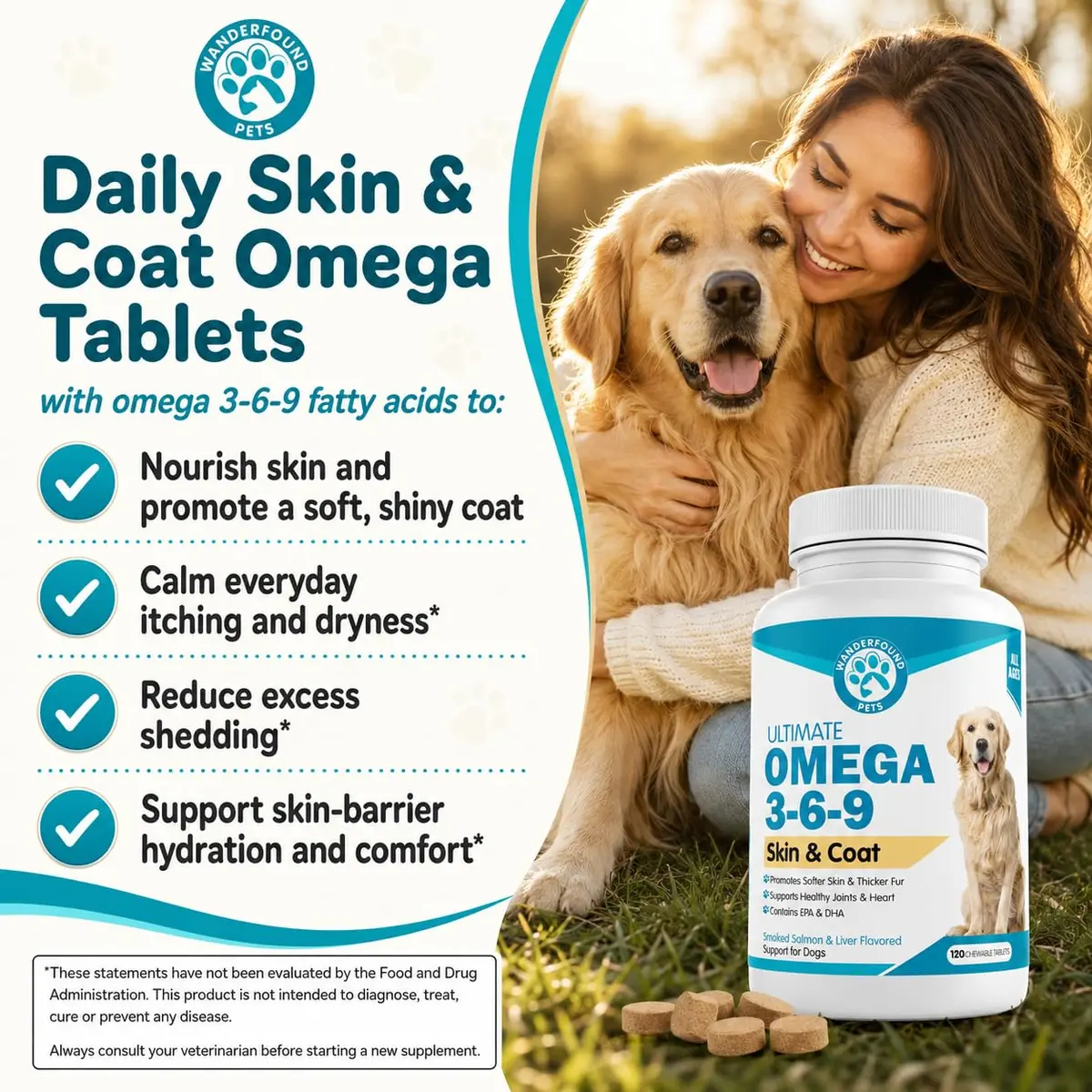 Pawsitive Omega 3-6-9 for Dogs | Skin & Coat Support with EPA & DHA Fish Oil, Smoked Salmon & Liver Flavor, 120 Chewable Tablets - view 2