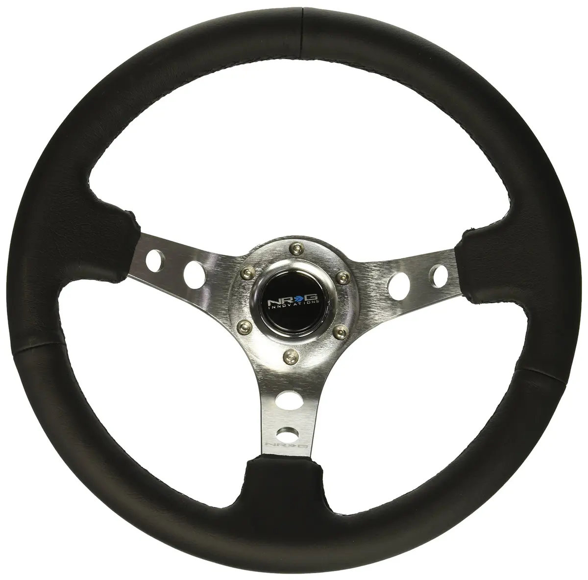 NRG Innovations NRG-RST-006SL Reinforced Steering Wheel 350mm Sport Steering Wheel (3" Deep), Silver Spoke with Round Holes, Black Leather | Universal Fit - main product image