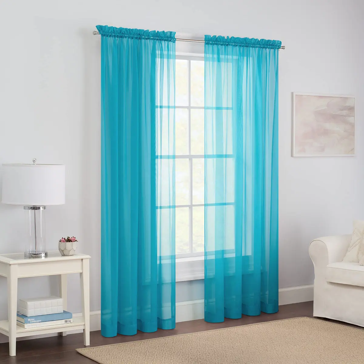 Pairs to Go Victoria Voile Modern Sheer Rod Pocket Window Curtains for Living Room (2 Panels), 59 in x 95 in, Turquoise - main product image