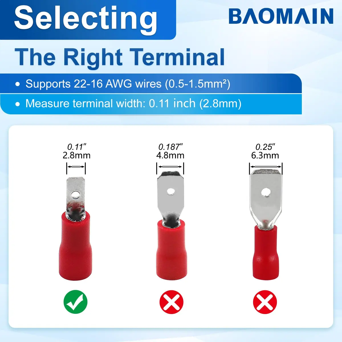 Baomain 0.11" Male Quick Disconnect Spade Terminals 22-16 AWG | Insulated Copper Connectors for Automotive & DIY (70-120 chars) - view 4