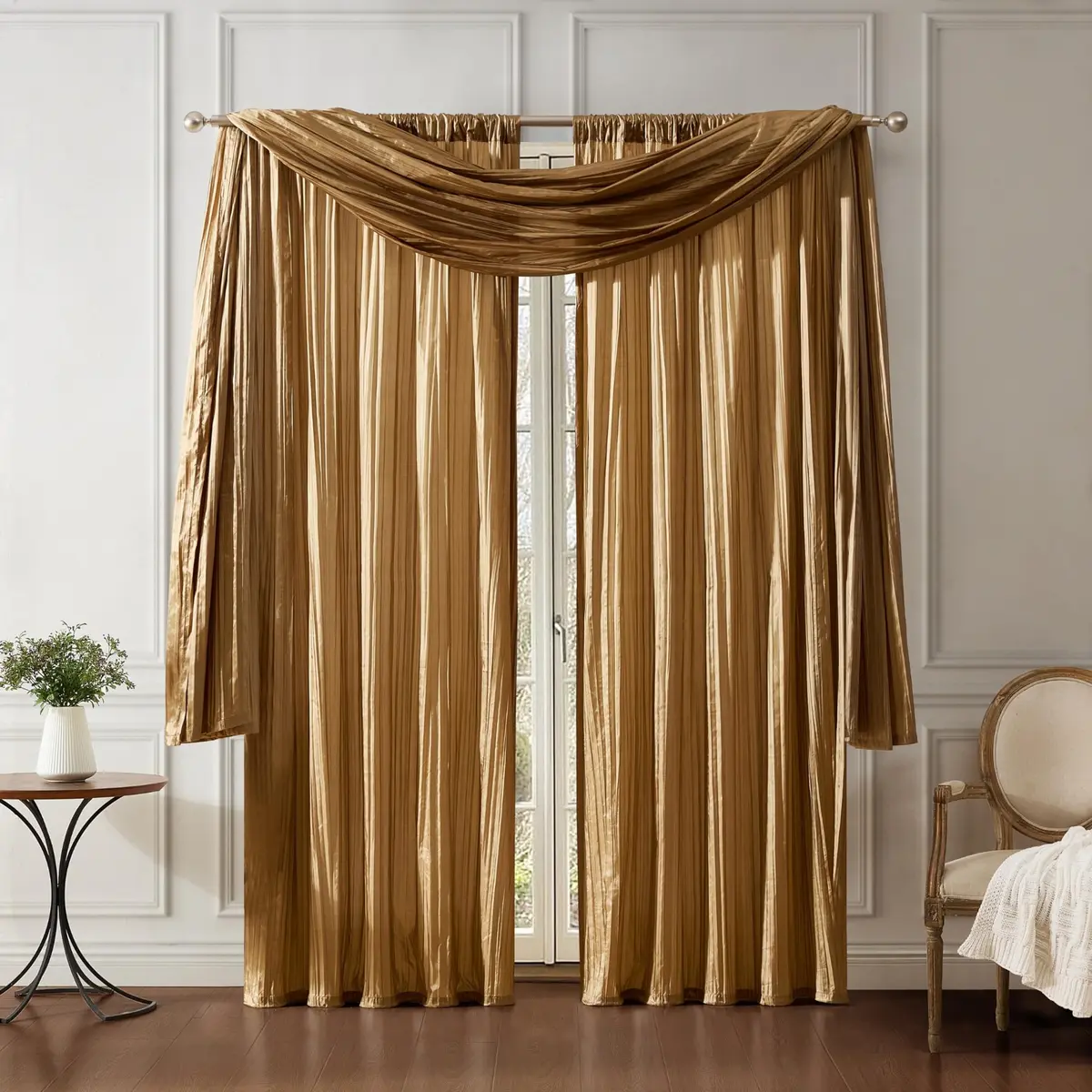 Threadmade Athena Faux Silk Window Curtain and Scarf Set, Gold - 52" W x 95" L | Elegant Drapery for Home - main product image