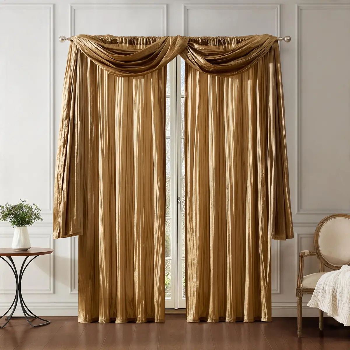 Threadmade Athena Faux Silk Window Curtain and Scarf Set, Gold - 52" W x 95" L | Elegant Drapery for Home - view 8