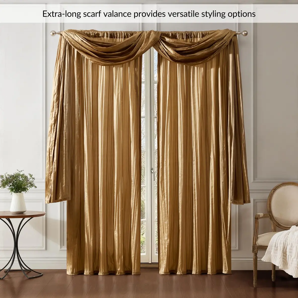 Threadmade Athena Faux Silk Window Curtain and Scarf Set, Gold - 52" W x 95" L | Elegant Drapery for Home - view 4