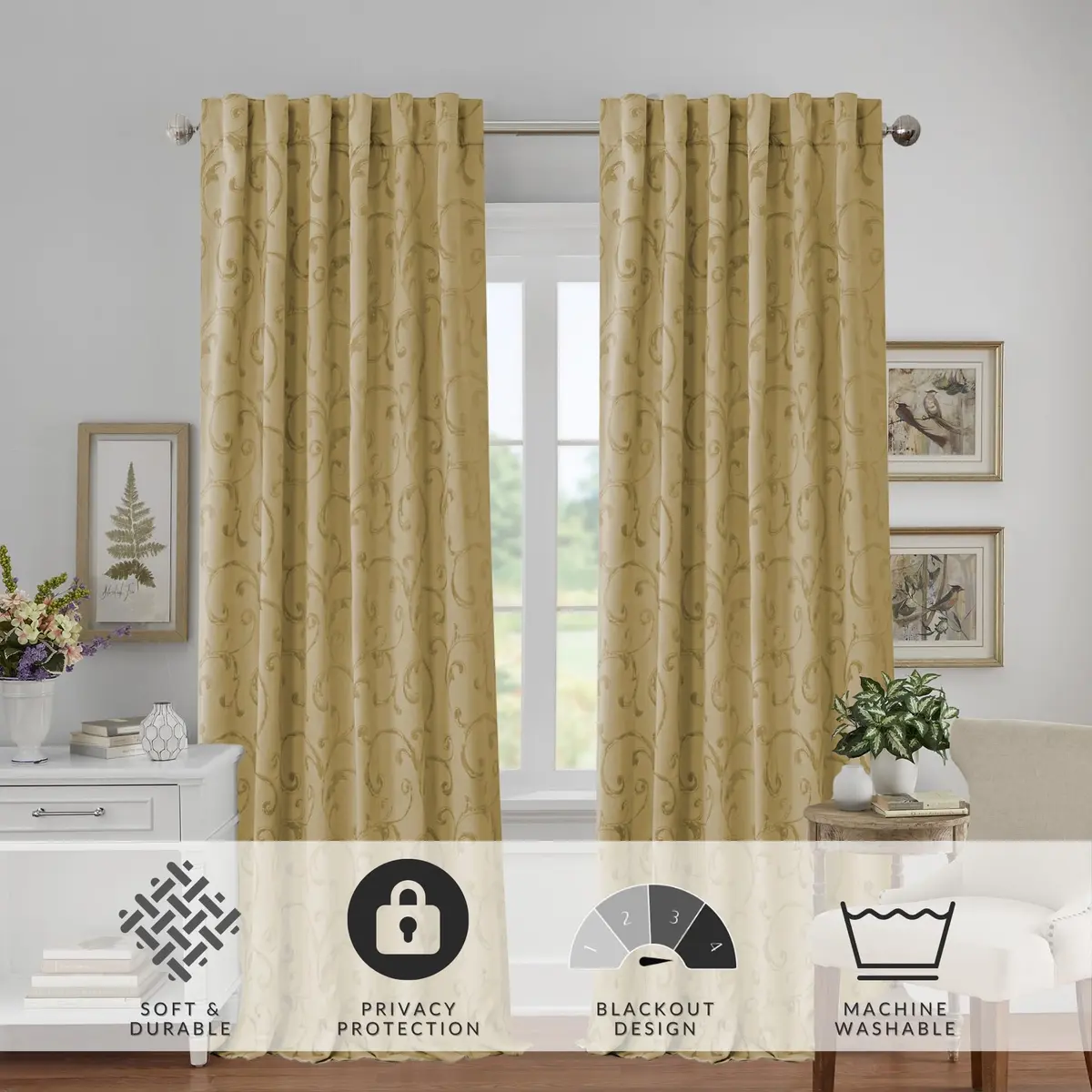 Threadmade Mia Jacquard Scroll Blackout Window Curtain, Gold - 52"W x 95"L | Elegant Sun-Blocking Opulence - view 2